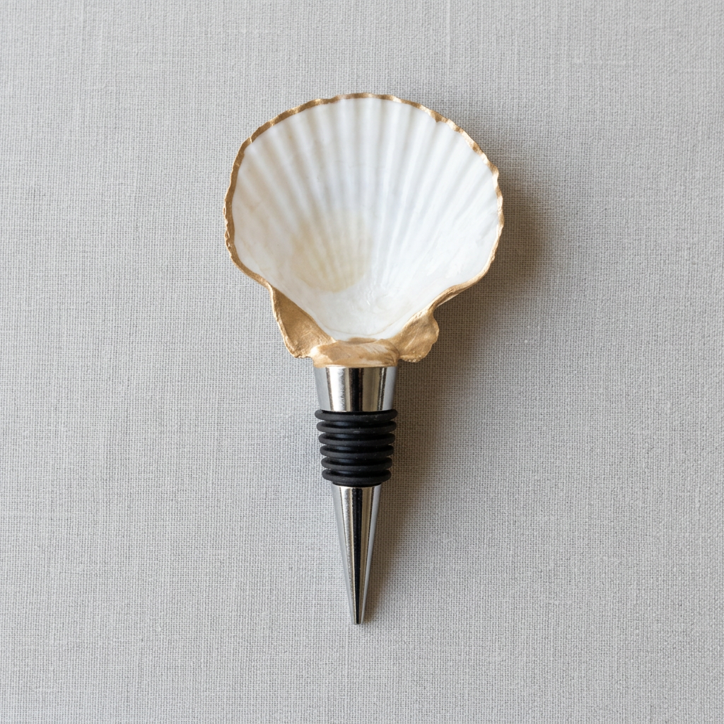 White Scallop Shell Wine Stopper Pearl Option