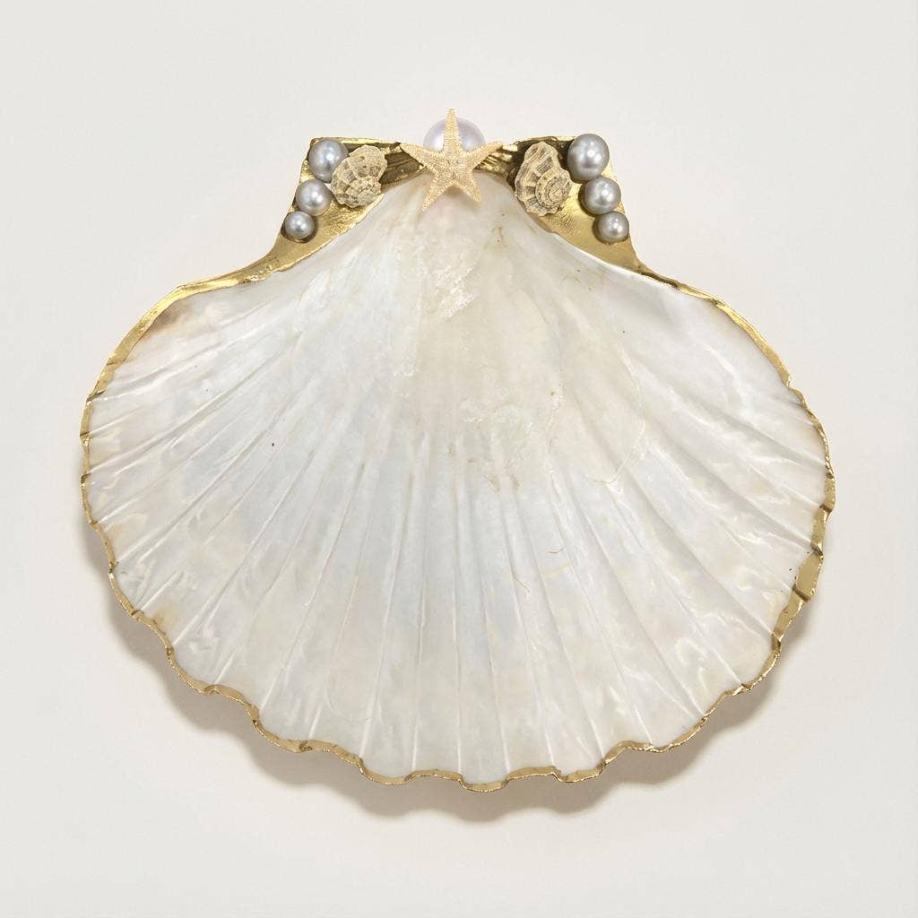 Pink rhinestone scallop shell jewelry dish with gold finish