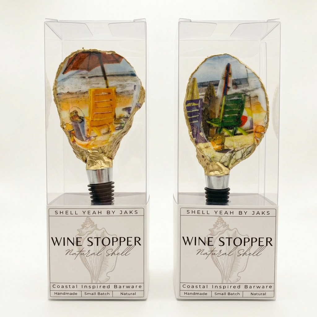 Beach chair motif oyster shell wine stopper with silver rim finish