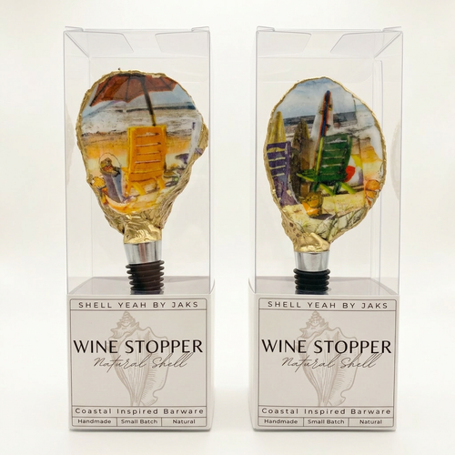Beach chair motif oyster shell wine stopper with silver rim finish