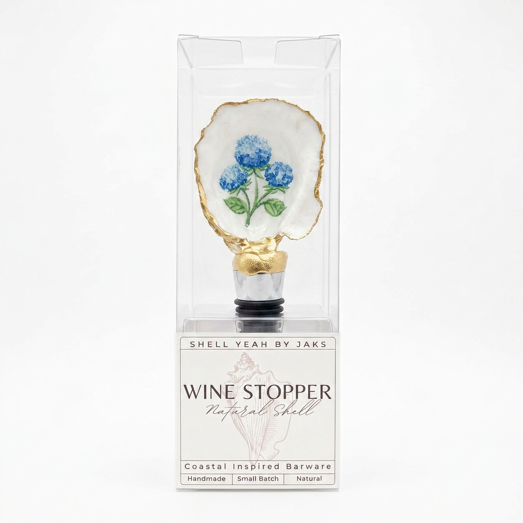 Hydrangea floral motif oyster shell wine stopper with gold rim finish