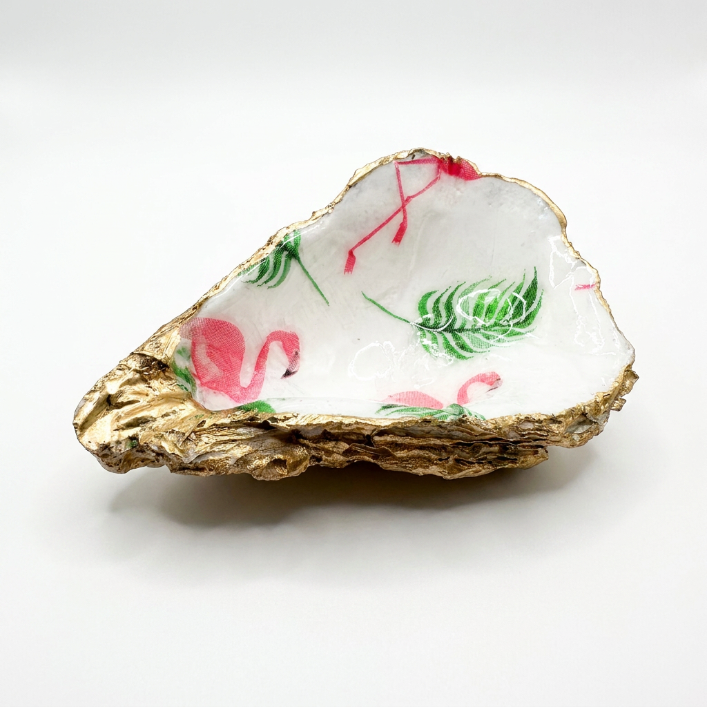 Pink Flamingo Oyster Shell Jewelry Dish