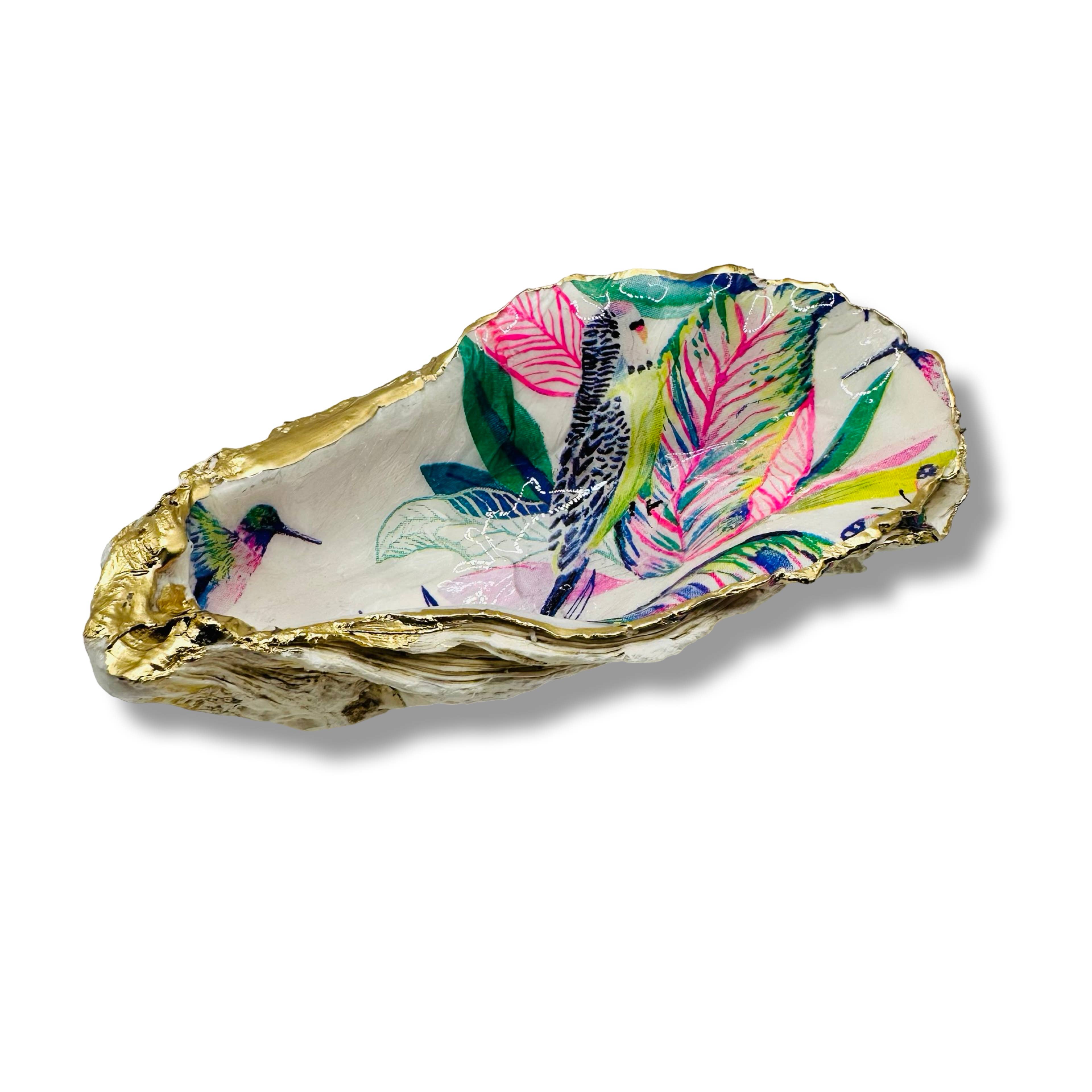 Tropical Bird Oyster Shell Dish Gold Rim