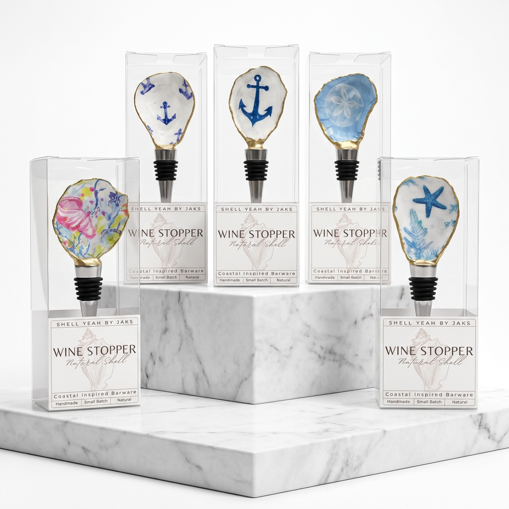 Case pack of 12 nautical themed oyster shell wine stoppers for wholesale
