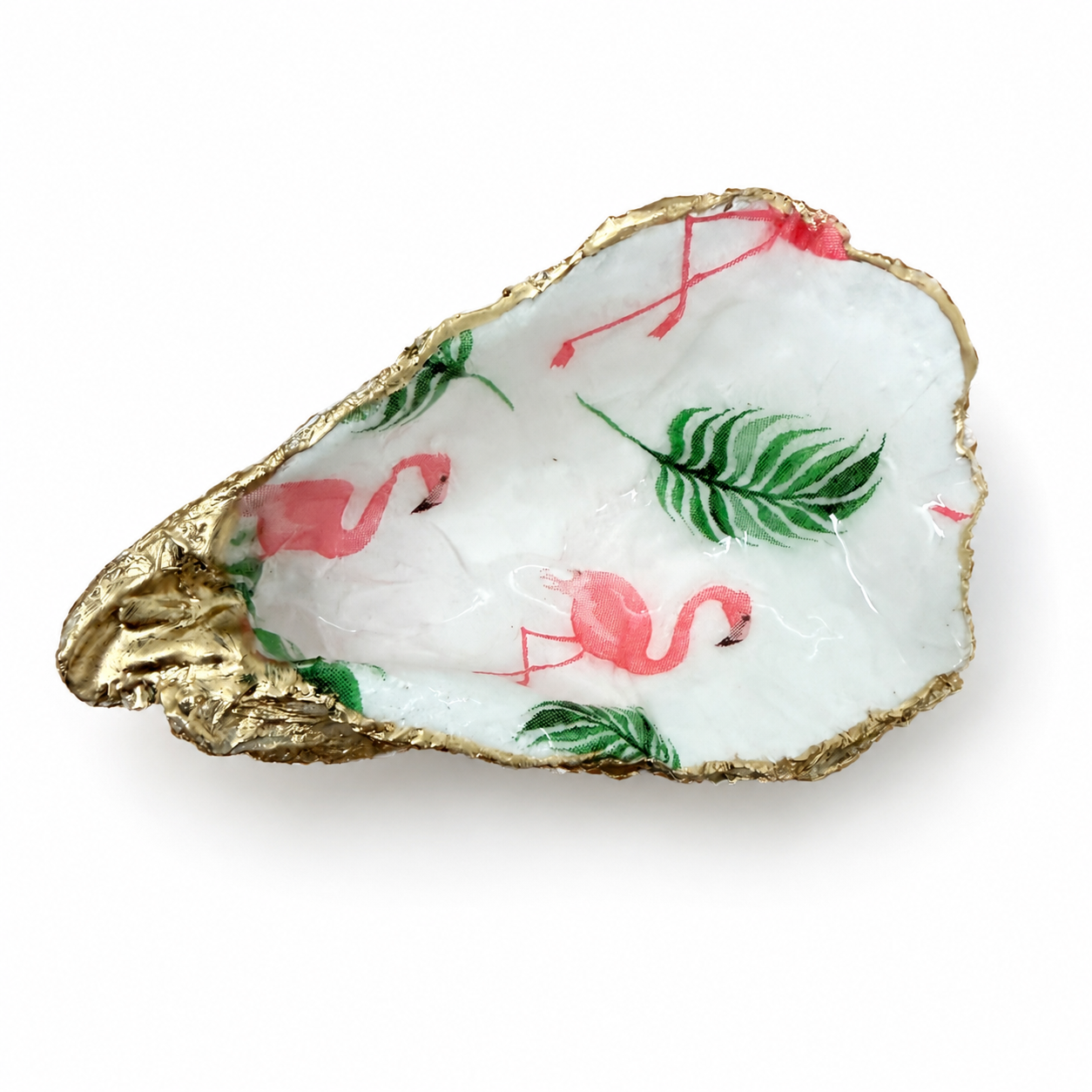 Pink flamingo motif oyster shell jewelry dish with gold finish