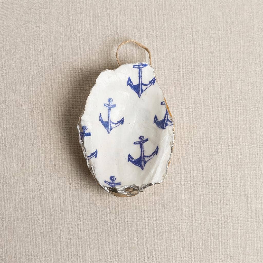 Navy anchor motif oyster shell holiday ornament with gold finish