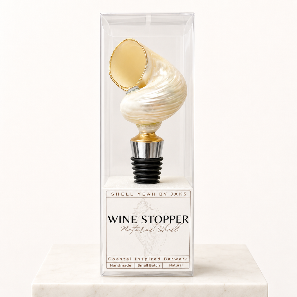 Iridescent natural spiral shell wine stopper with gold finish