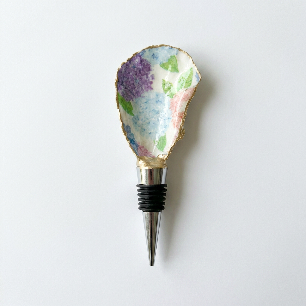 Pastel Floral Oyster Shell Wine Stopper Coastal Gift