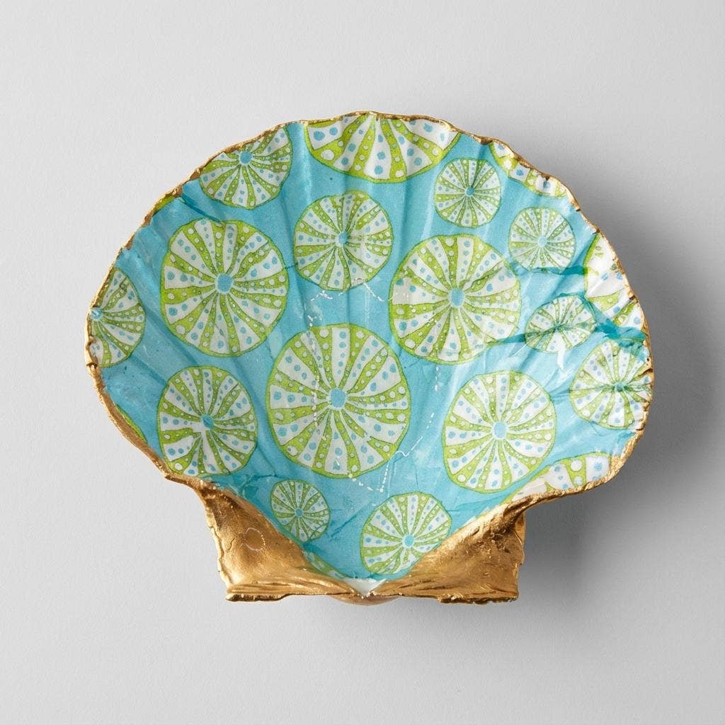 Tropical sea urchin motif shell dish with gold finish
