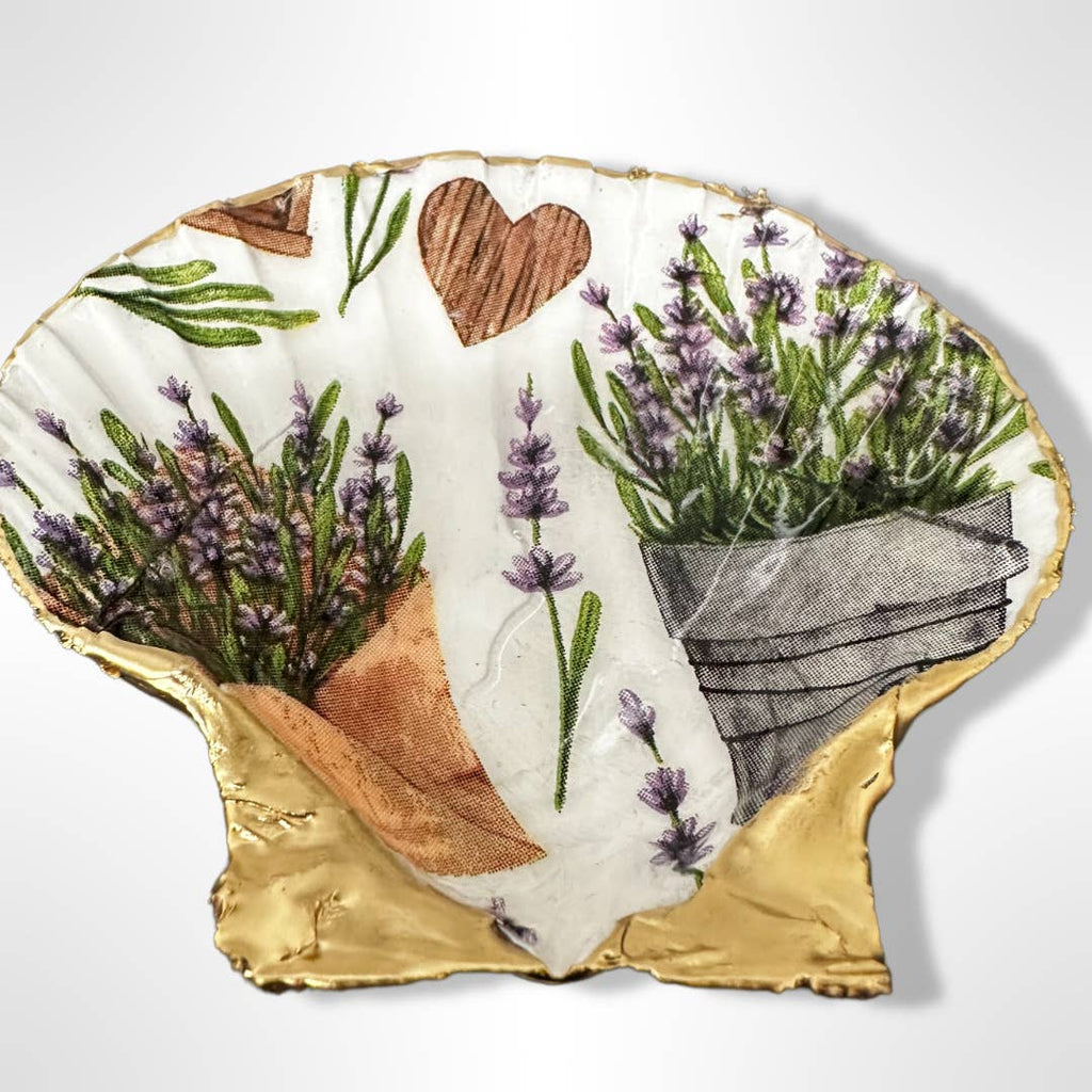 Lavender motif scallop shell soap dish with gold accents