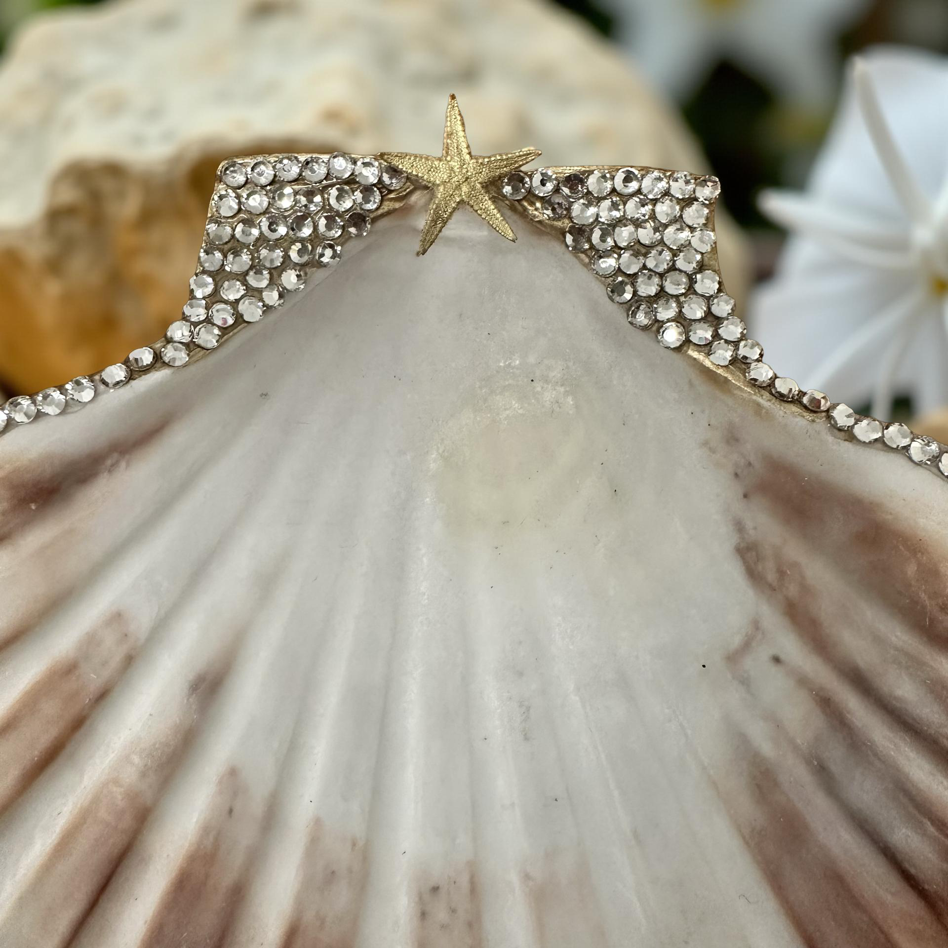 Rhinestone Scallop Shell Dish Gold Starfish Coastal Trinket