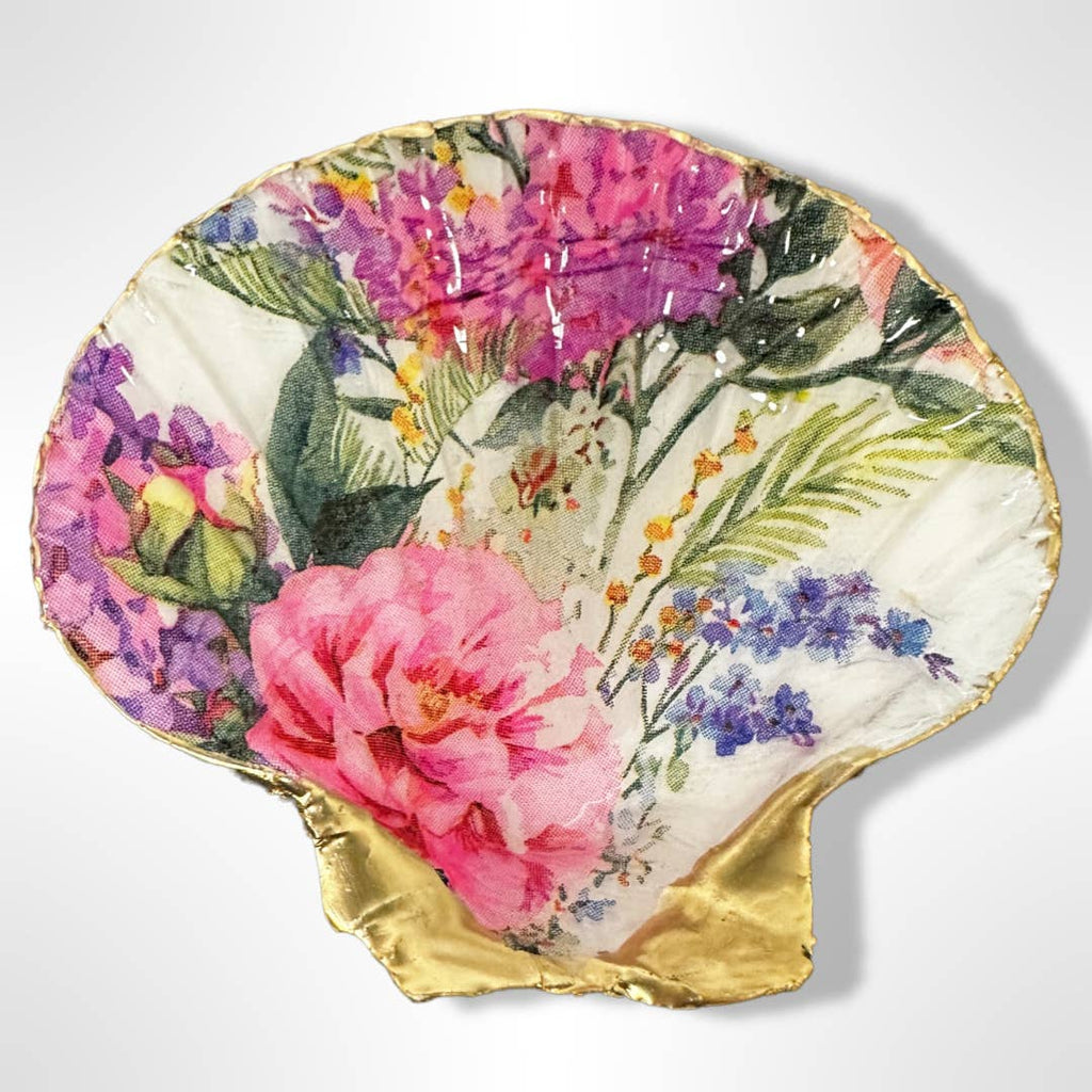 Scallop shell trinket dish with gold accents and floral motif