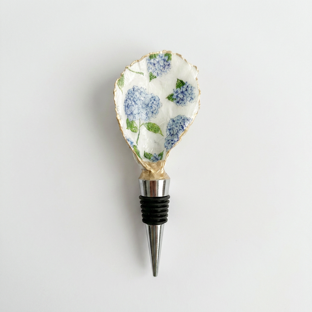 Blue Hydrangea Oyster Shell Wine Stopper Coastal Gift