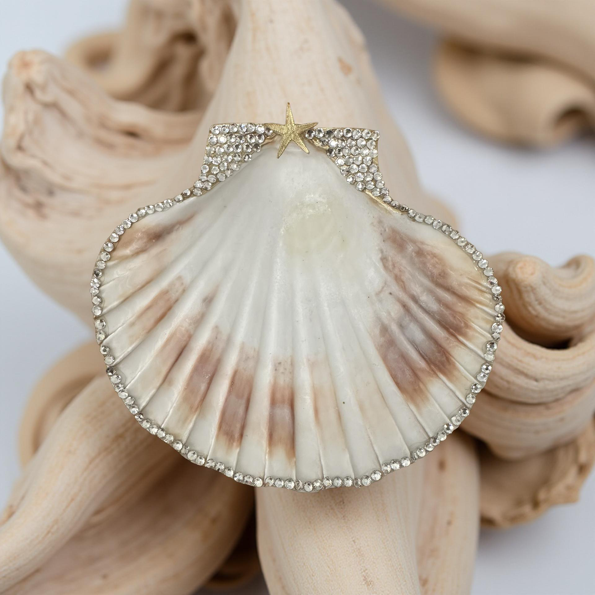 Rhinestone Scallop Shell Dish Gold Starfish Coastal Trinket