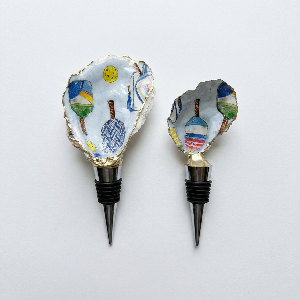 Pickleball Oyster Shell Wine Stopper Gold Rim
