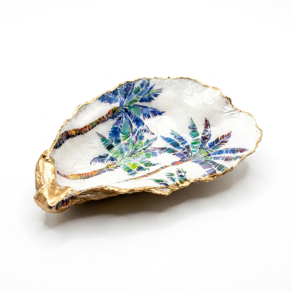 Tropical palm tree motif oyster shell jewelry dish with gold finish