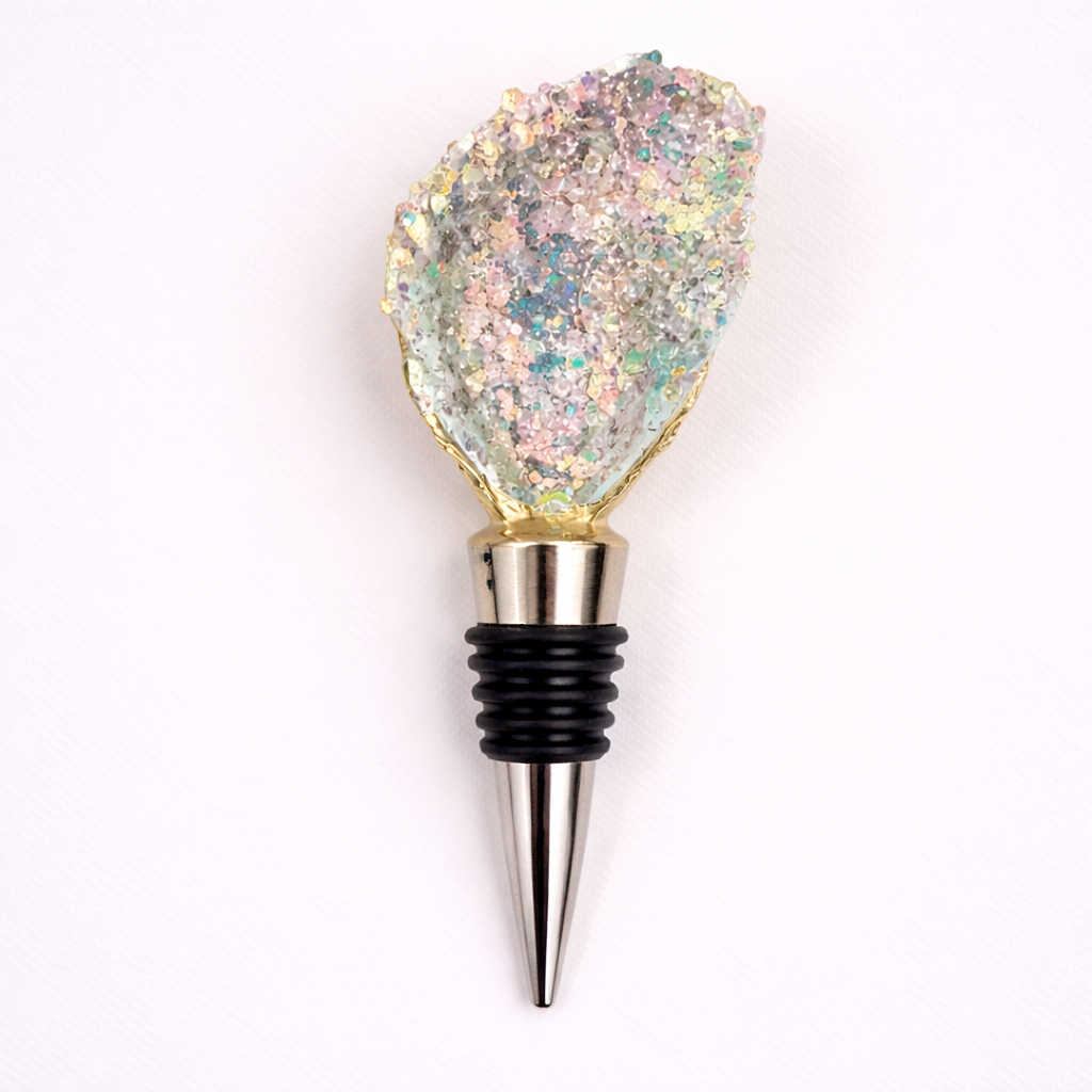 Pink glitter coral reef motif oyster shell wine stopper with gold finish