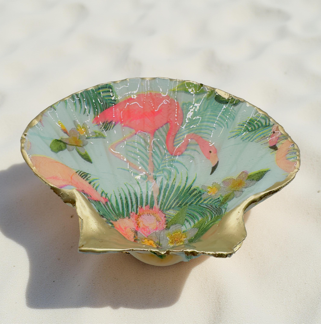 Tropical Flamingo Gilded Scallop Dish