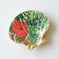 Hibiscus and monstera motif scallop shell trinket dish with gold finish