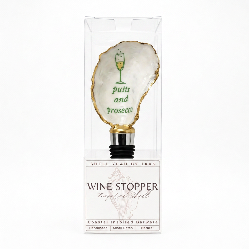 Pink golf-themed oyster shell wine stopper with gold rim finish
