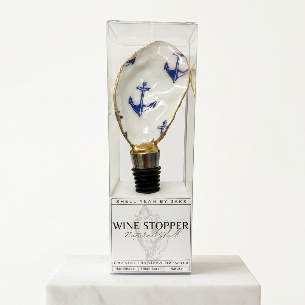 Nautical anchor motif oyster shell wine stopper with gold rim finish