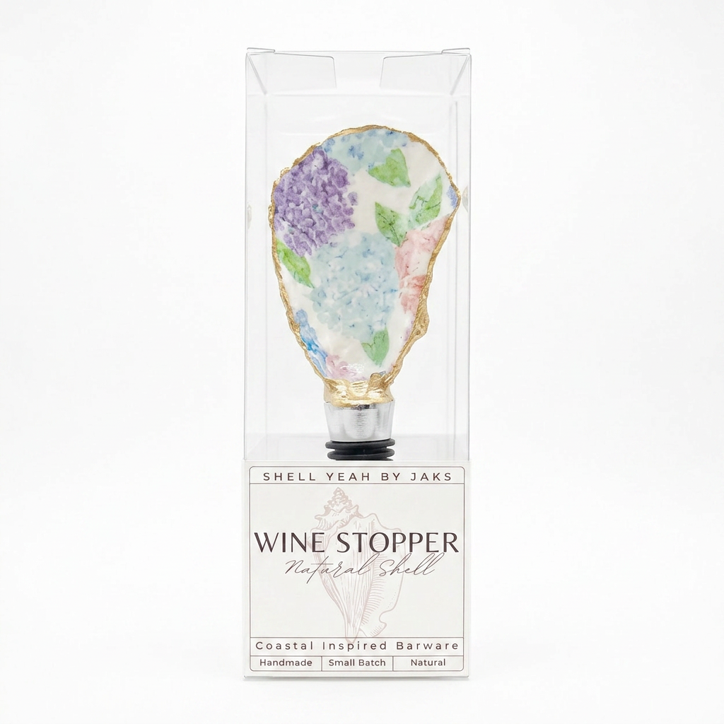 Pastel floral motif oyster shell wine stopper with gold rim finish