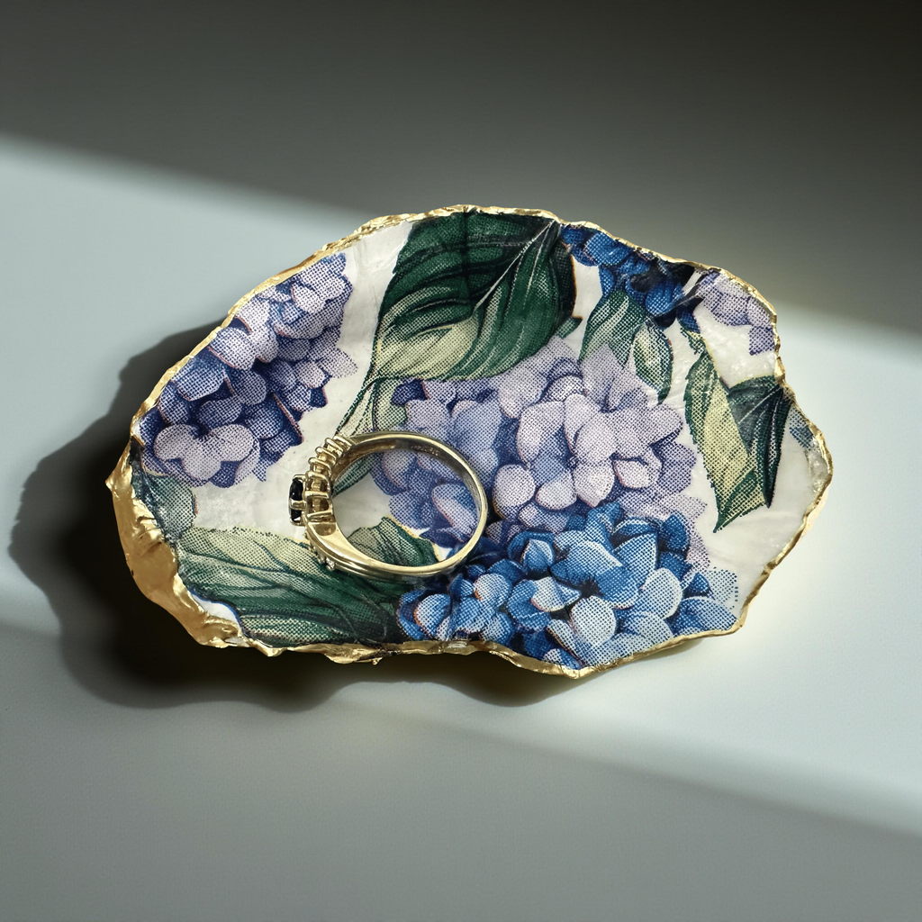 Oyster shell jewelry dish with hydrangea motif and nautical ring holder