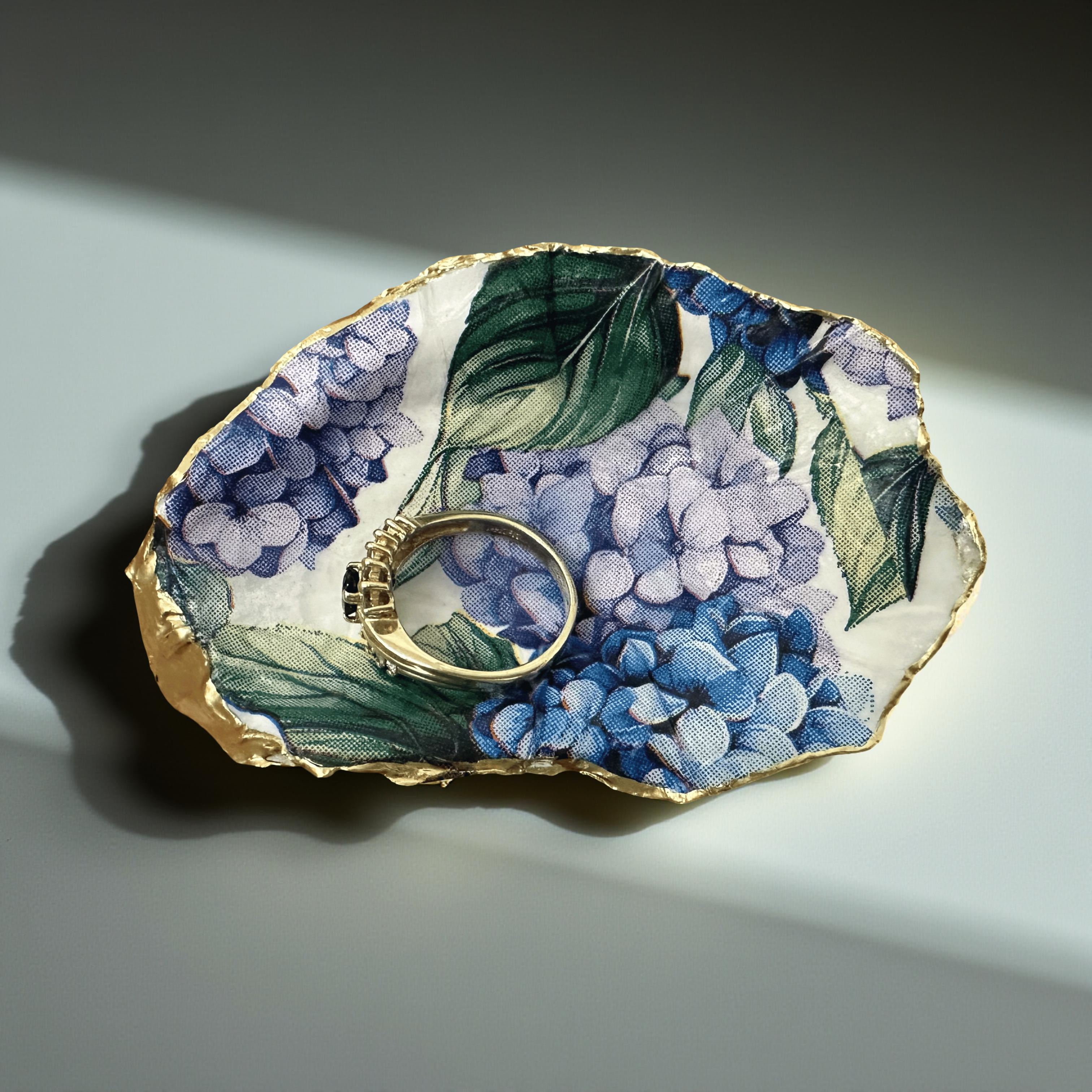 Oyster shell jewelry dish with hydrangea motif and nautical ring holder