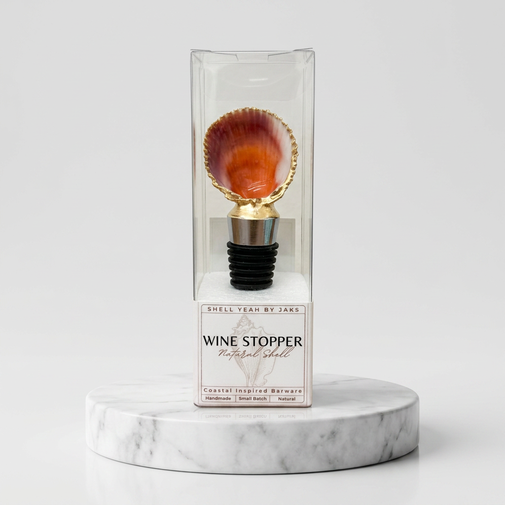 Sunset colored scallop shell wine stopper with gold finish