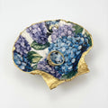 Hydrangea floral motif scallop shell trinket dish with gold finish