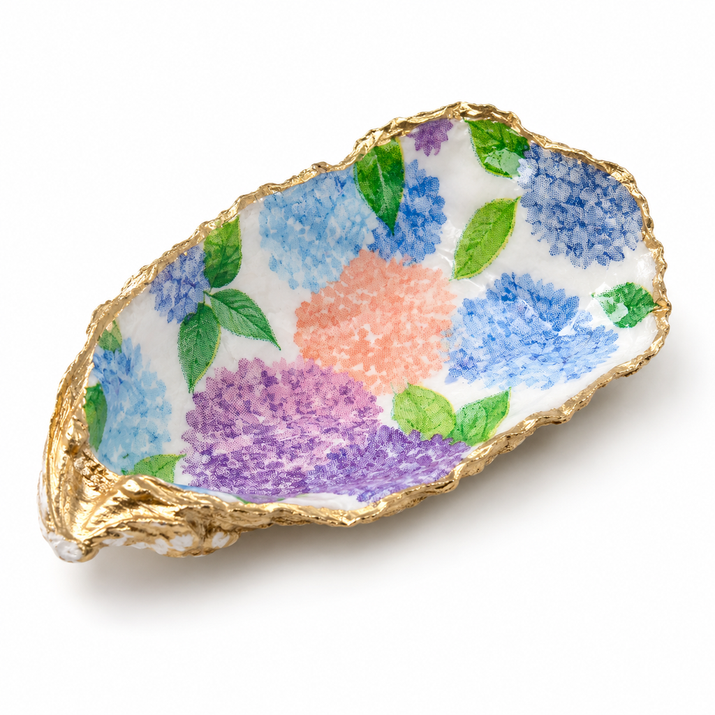 Pastel hydrangea motif oyster shell jewelry dish with gold finish