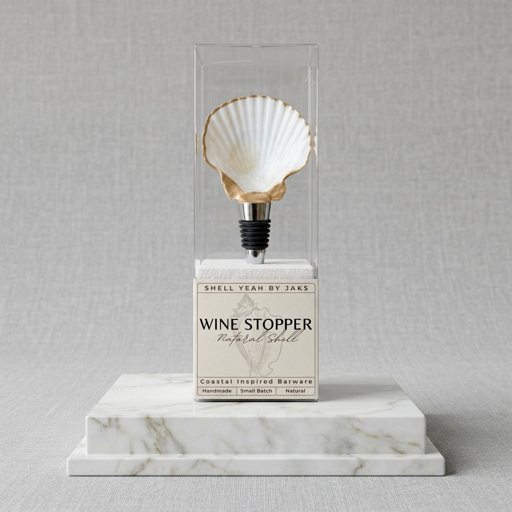 White scallop shell wine stopper with pearl accent option