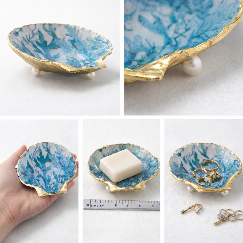 Blue Coral Scallop Shell Dish Gold Rim