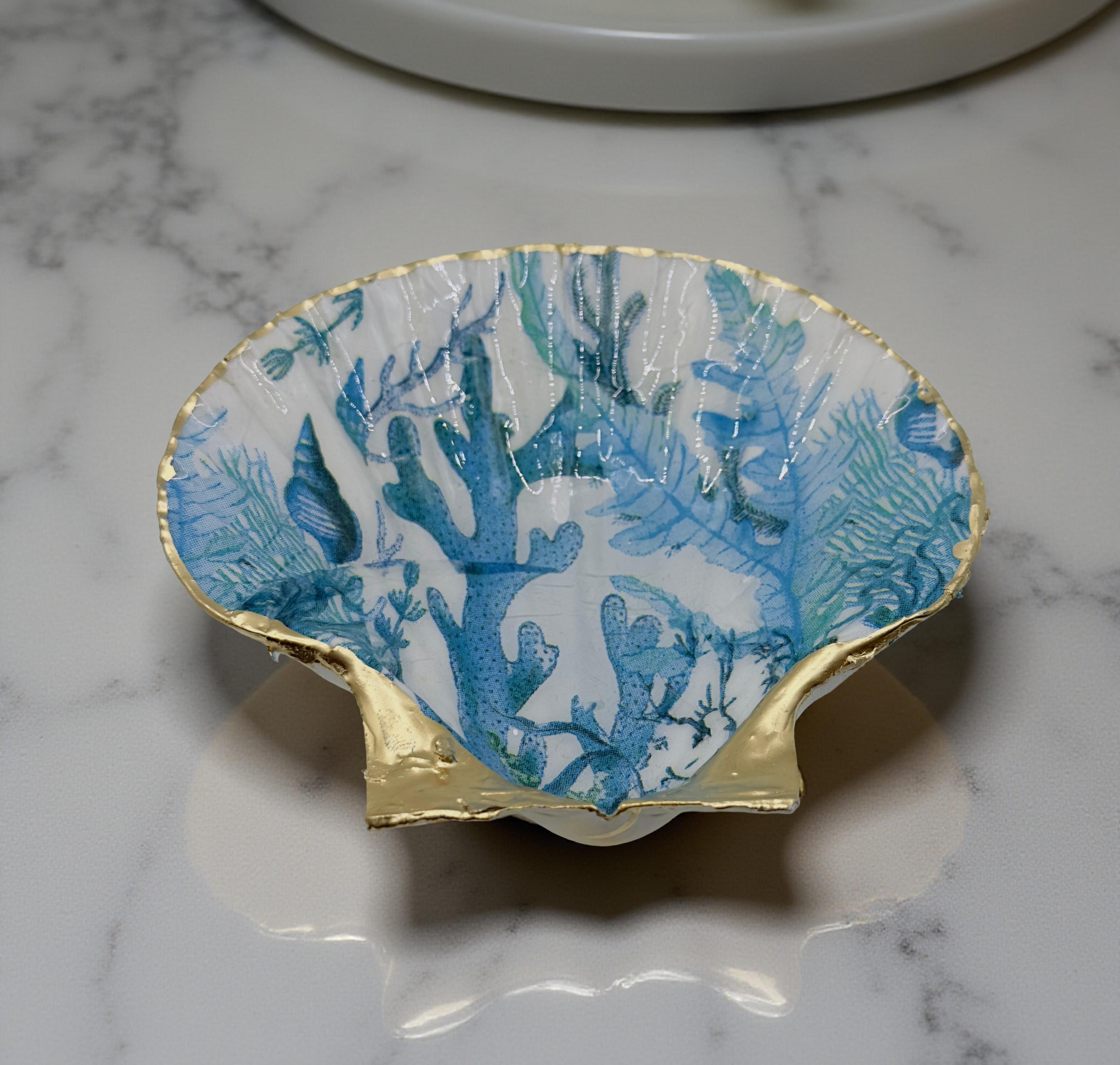 Blue Coral Scallop Shell Dish Gold Rim