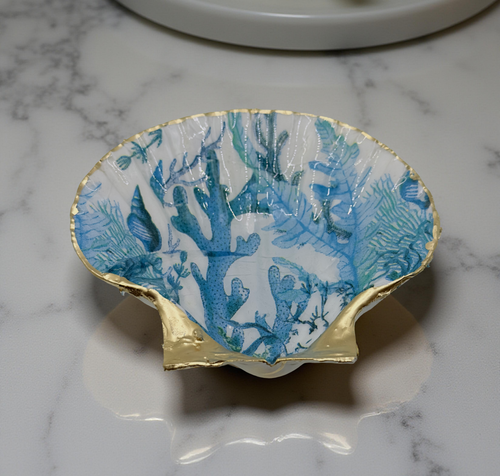 Blue Coral Scallop Shell Dish Gold Rim