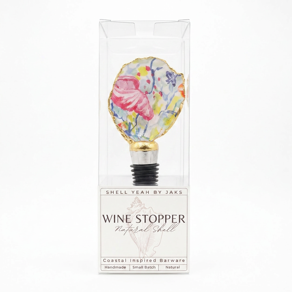 Watercolor ocean motif oyster shell wine stopper with gold rim finish