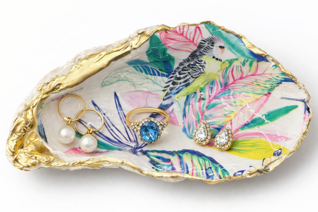 Tropical Bird Oyster Shell Dish Gold Rim