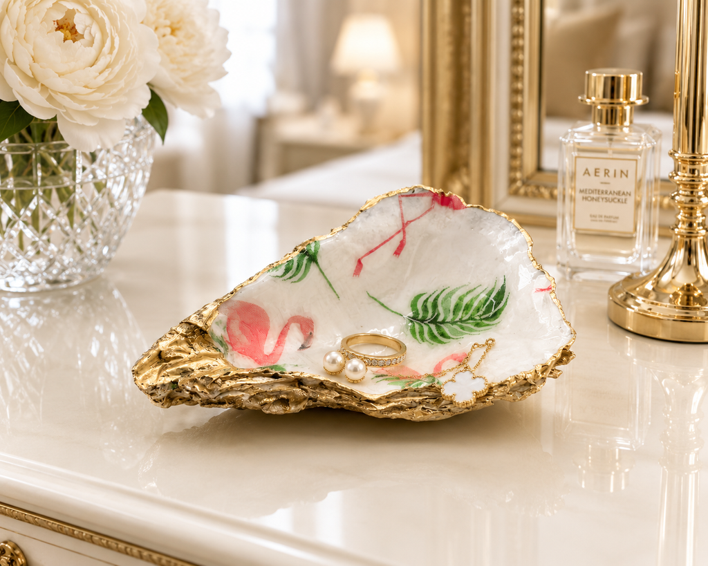Pink Flamingo Oyster Shell Jewelry Dish