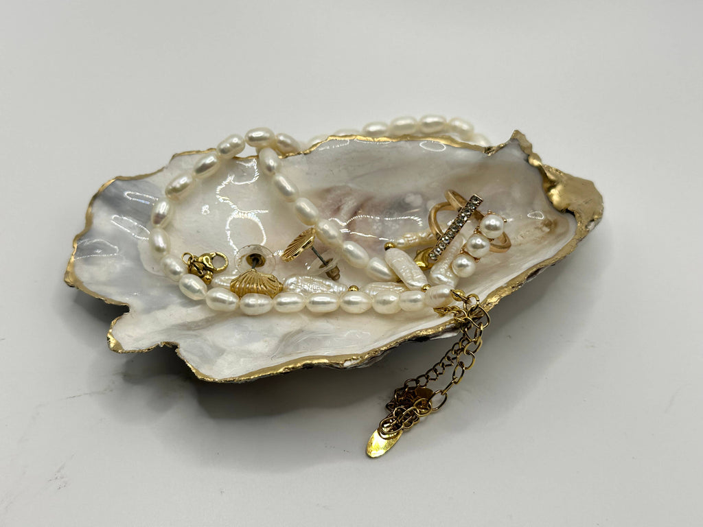 Natural Oyster Shell Trinket Dish Gold Rim Jewelry Catchall