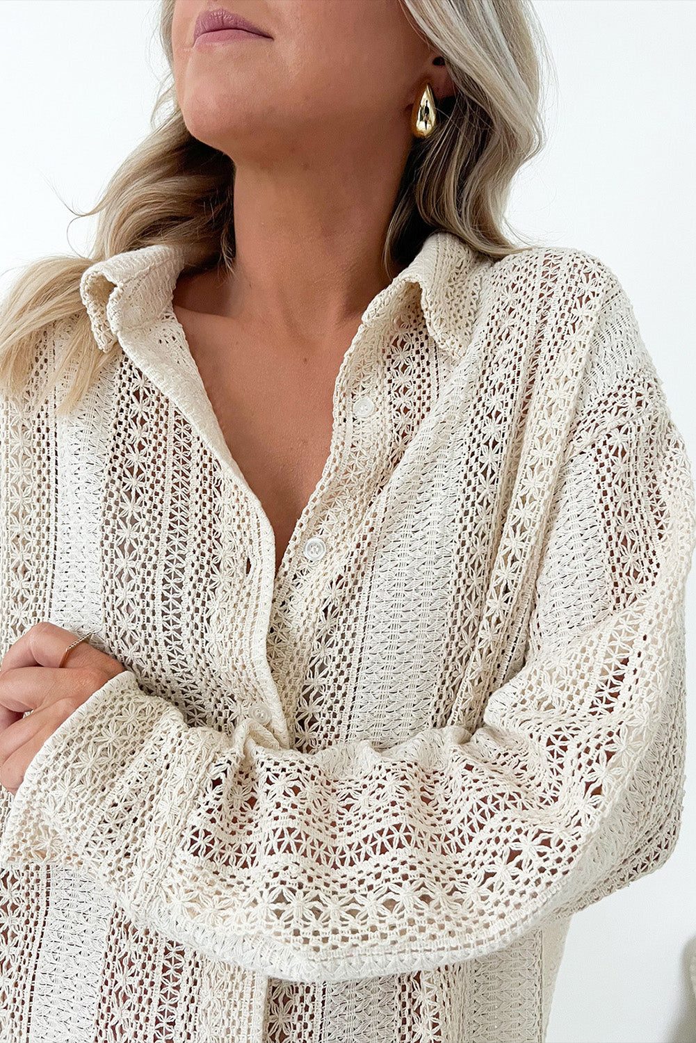 Beige Lace Crochet Collared Tunic Oversized Shirt