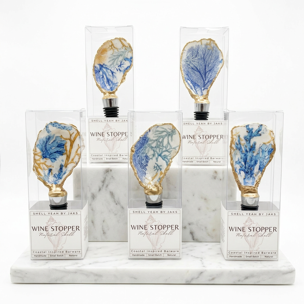 Handmade oyster shell wine stopper in blue coral reef pattern with gold finish