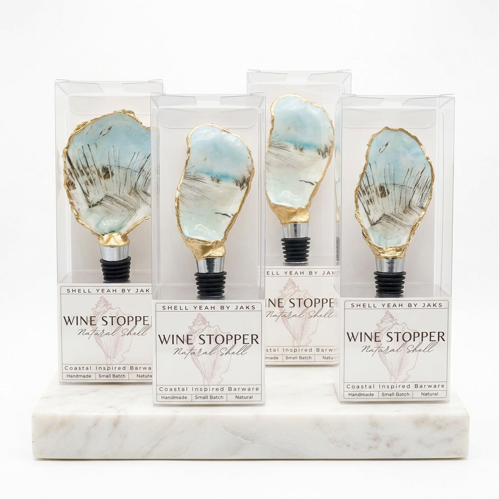 Neutral tone oyster shell wine stopper with gold rim finish