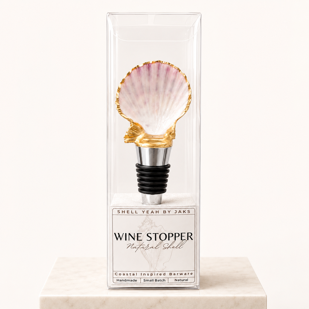 Calico patterned scallop shell wine stopper with gold finish