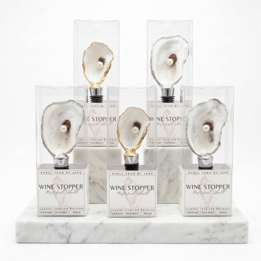 Oyster shell wine stopper with pearl accent and gold rim finish