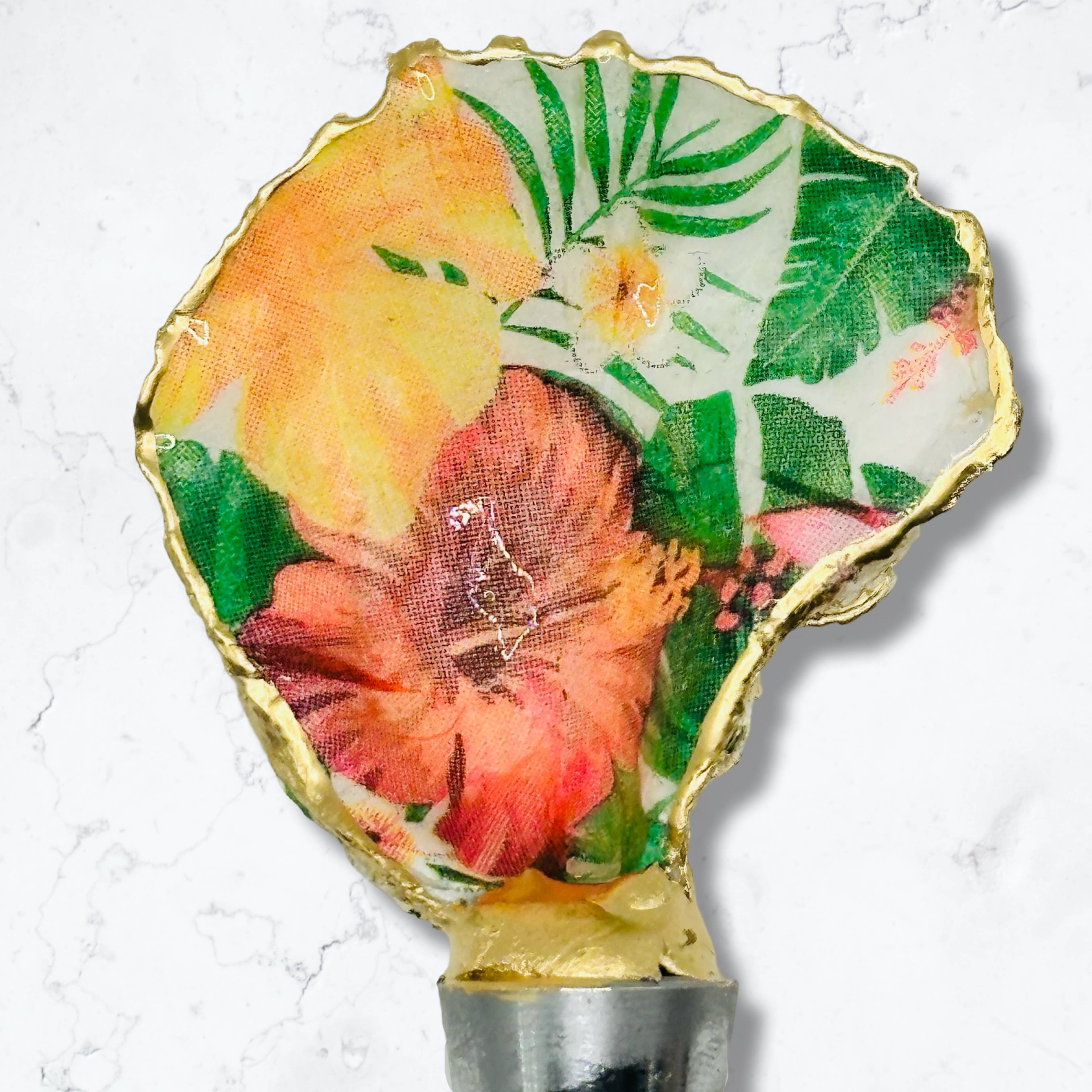Tropical Hibiscus Oyster Shell Wine Stopper