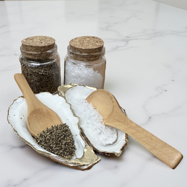 Gold rim oyster shell salt and pepper shaker set