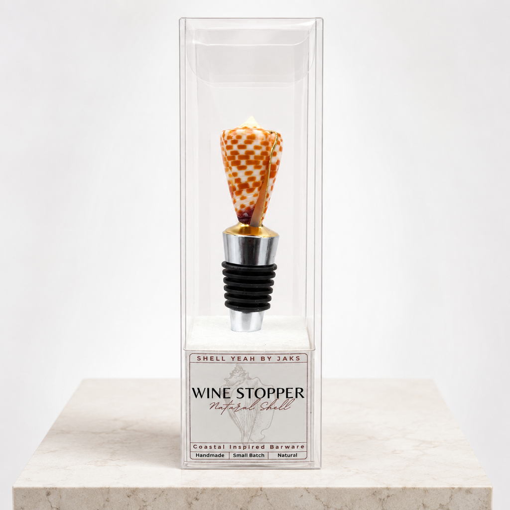 Tesselate cone shell wine stopper with gold finish