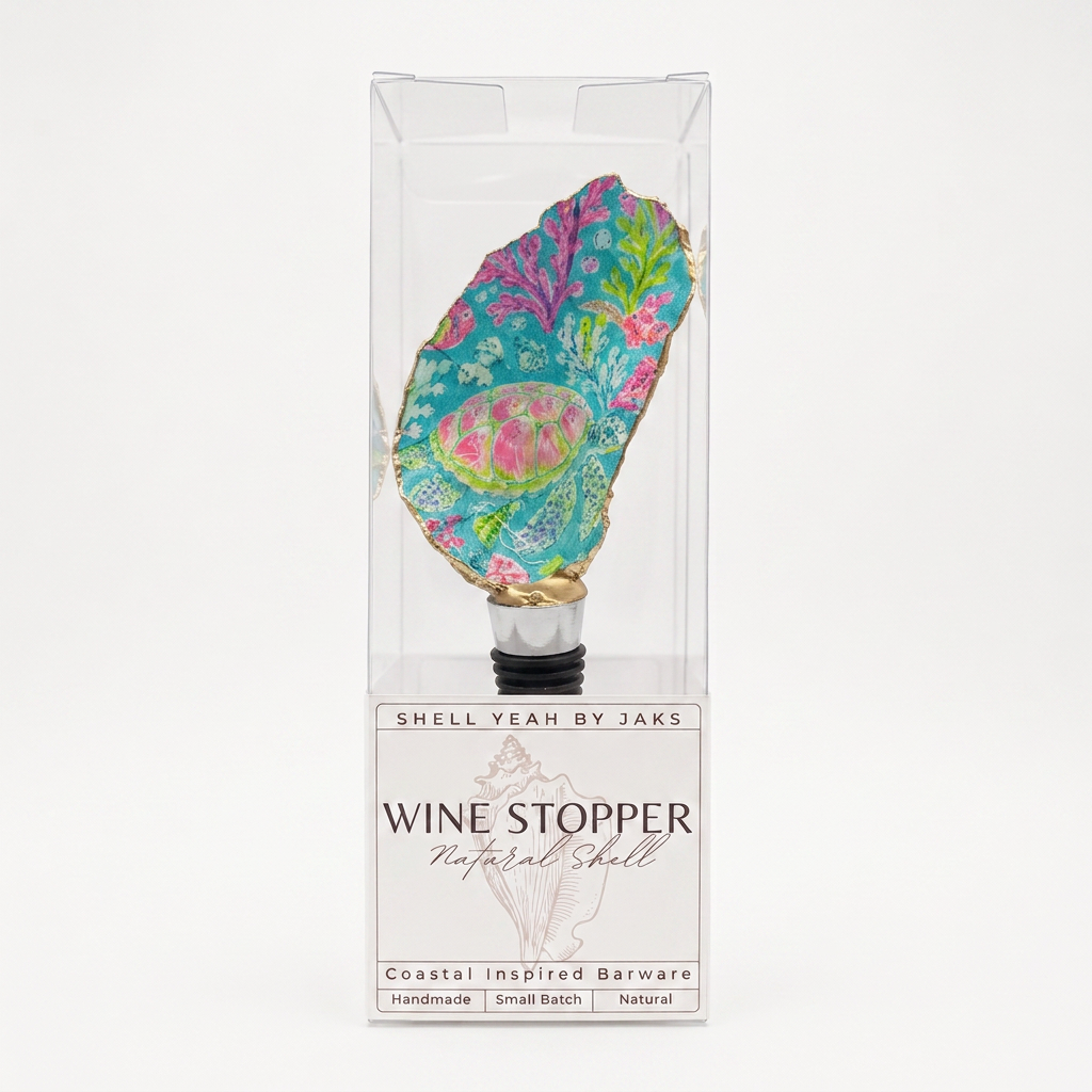 Sea turtle and coral reef motif oyster shell wine stopper with gold finish
