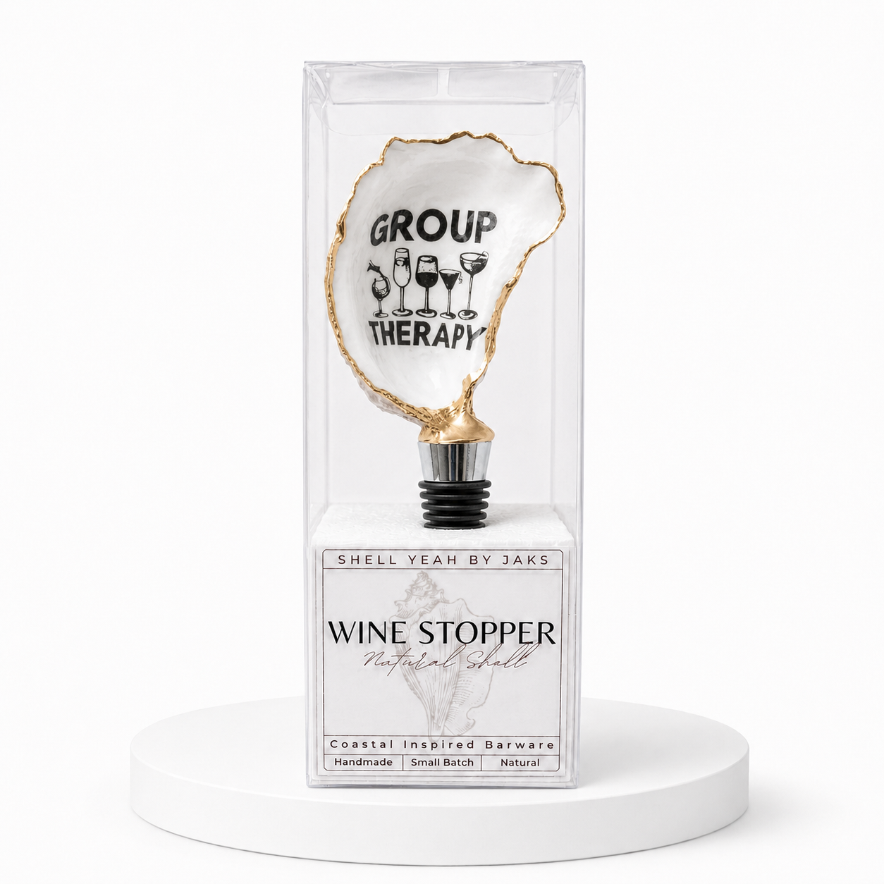 Oyster shell wine stopper with humorous wine-themed design
