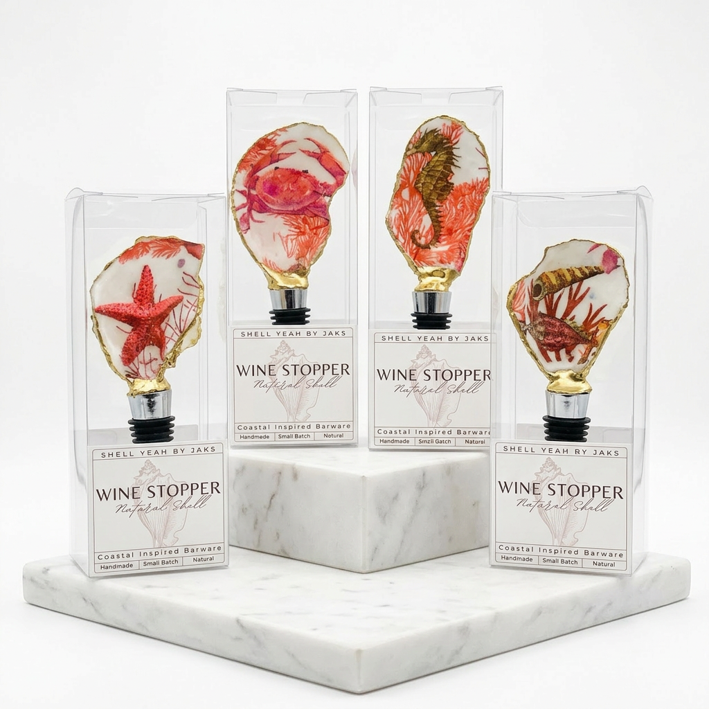 Coral reef motif oyster shell wine stopper with gold rim finish